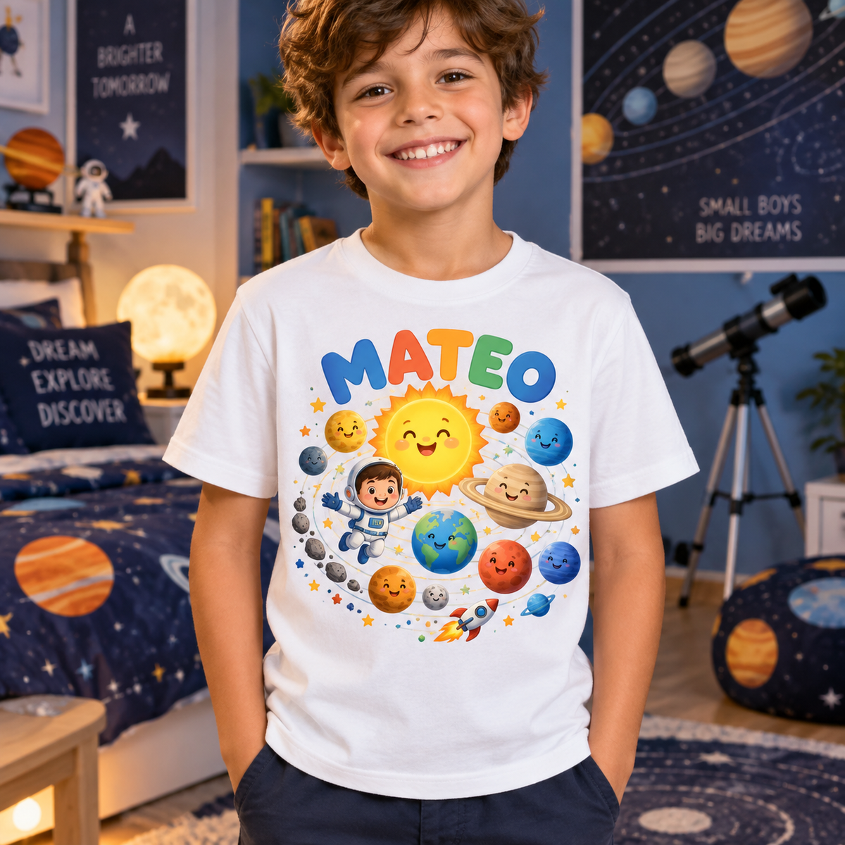 Tricou alb pentru băieți cu planete și numele Mateo – imagine 2