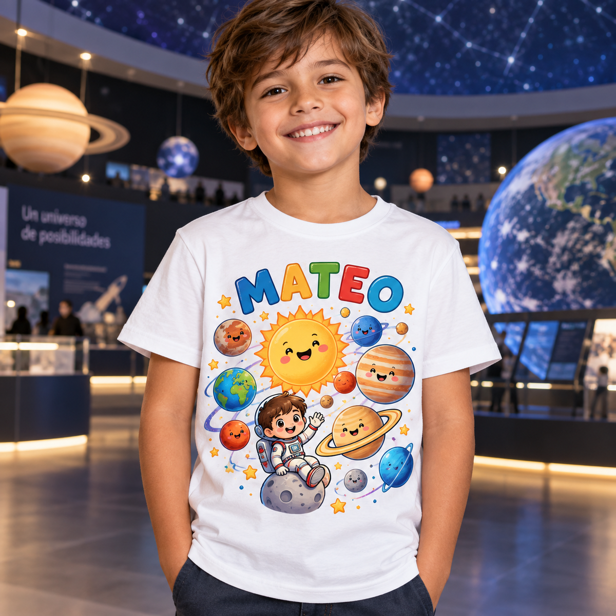 Tricou alb pentru băieți cu planete și numele Mateo – imagine 3