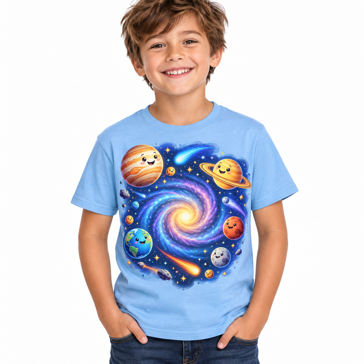 Tricou bleu pentru băieți cu galaxie colorată – imagine 1