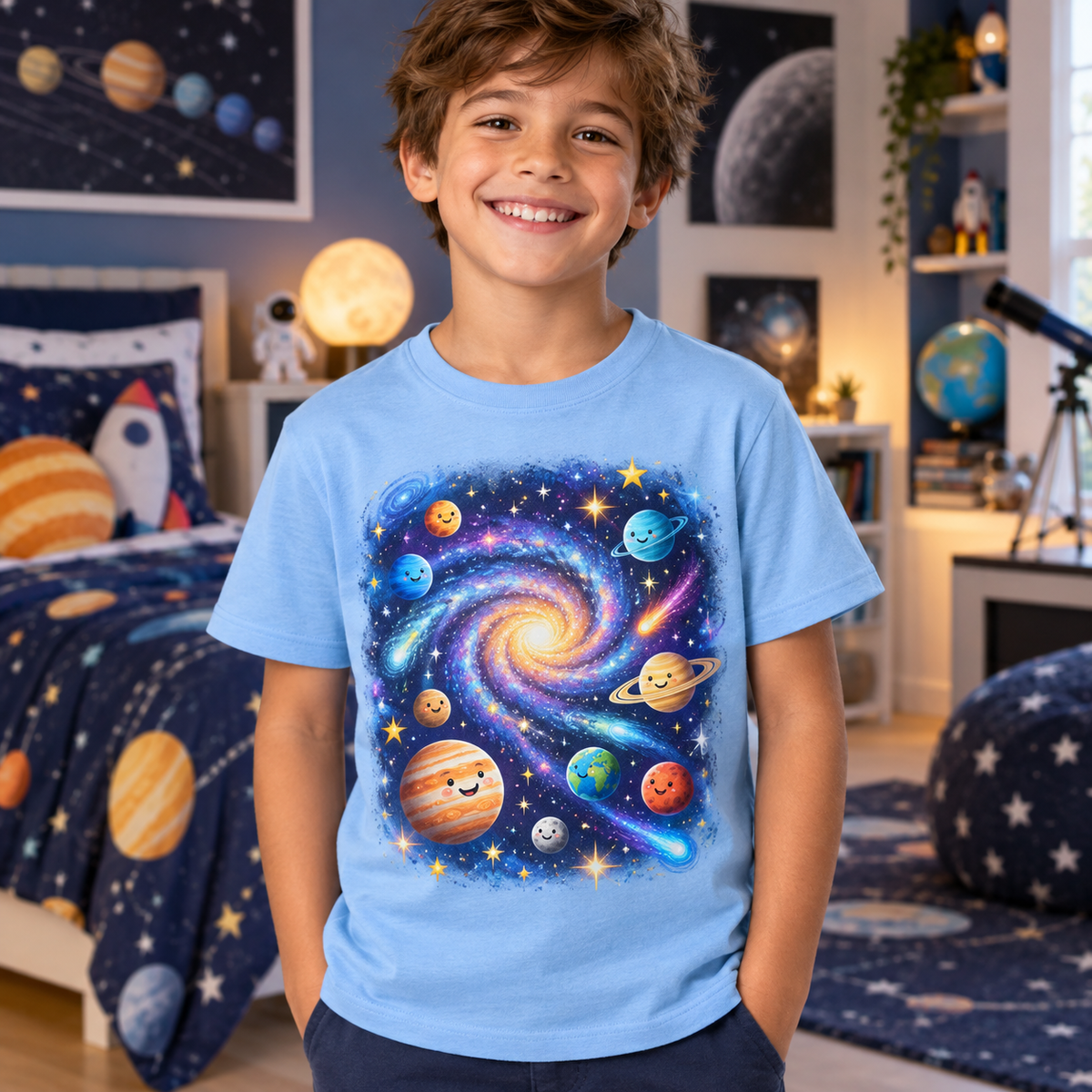 Tricou bleu pentru băieți cu galaxie colorată – imagine 2
