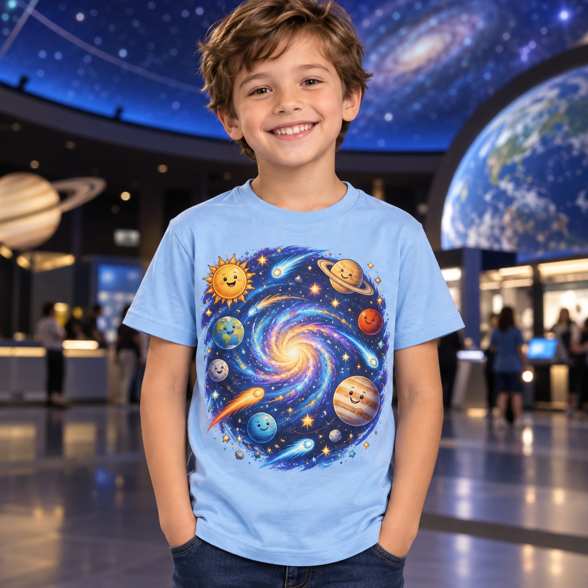 Tricou bleu pentru băieți cu galaxie colorată – imagine 3