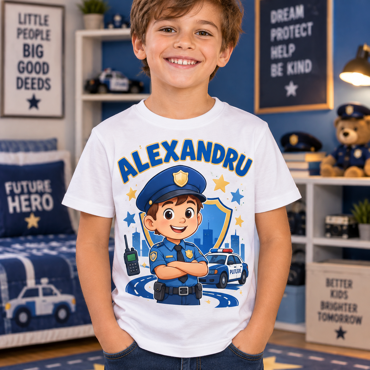 Tricou alb pentru băieți cu polițist și numele Alexandru – imagine 2