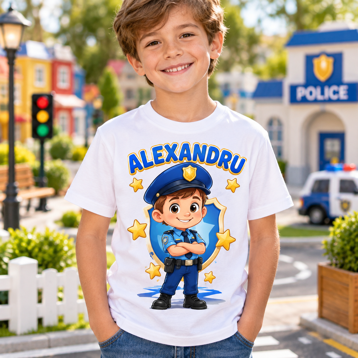 Tricou alb pentru băieți cu polițist și numele Alexandru – imagine 3