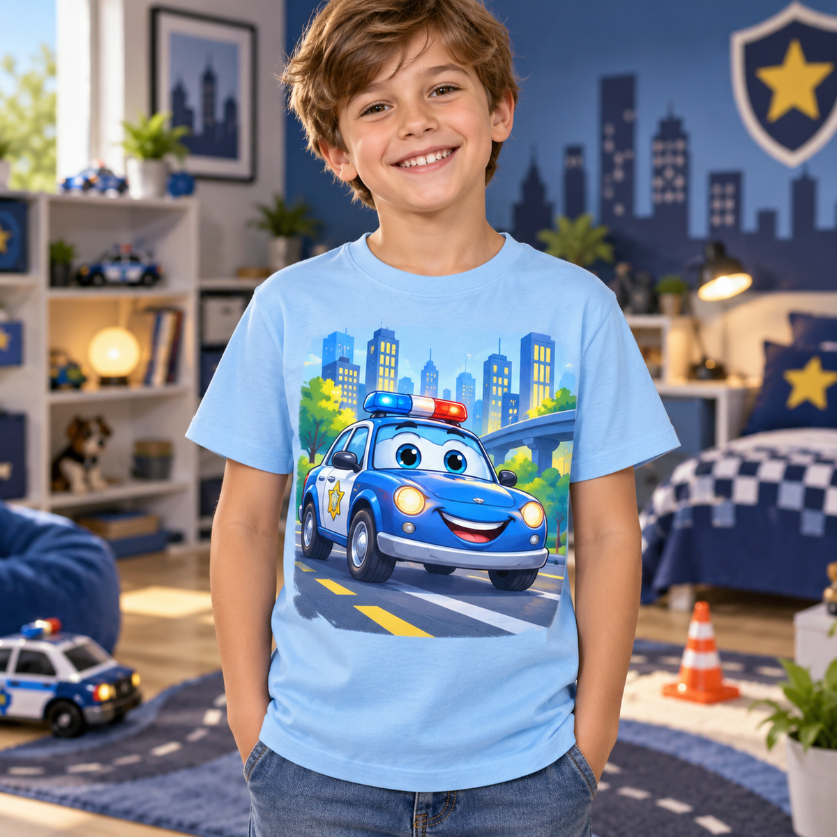 Tricou bleu pentru băieți cu mașină de poliție – imagine 2