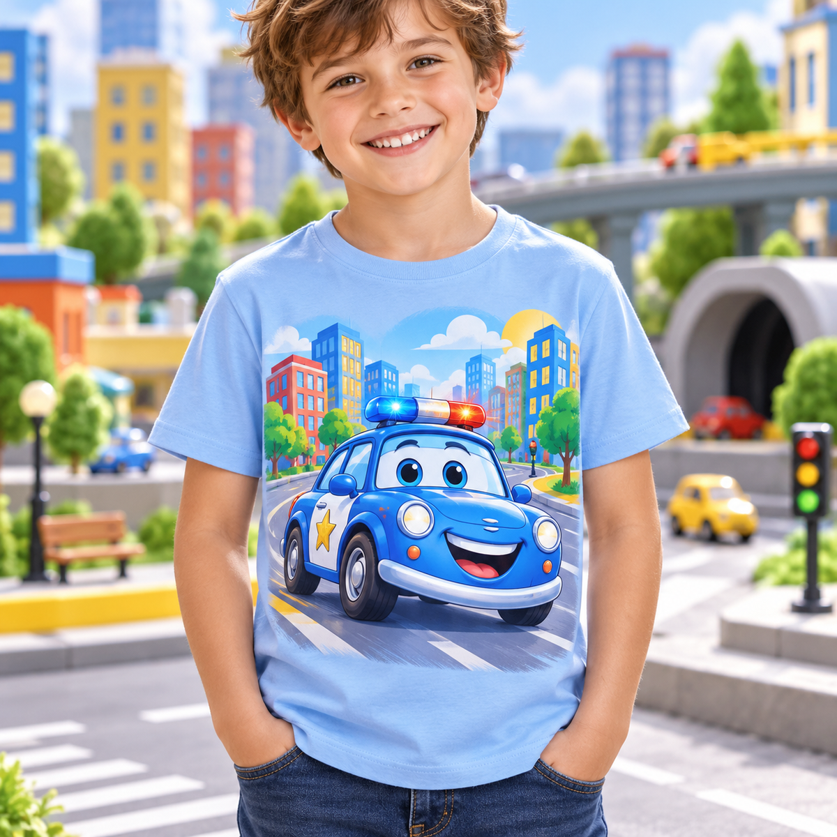 Tricou bleu pentru băieți cu mașină de poliție – imagine 3