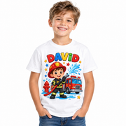 Tricou alb pentru băieți cu pompier și numele David – imagine 1