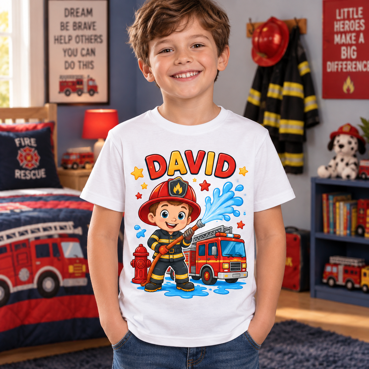 Tricou alb pentru băieți cu pompier și numele David – imagine 2