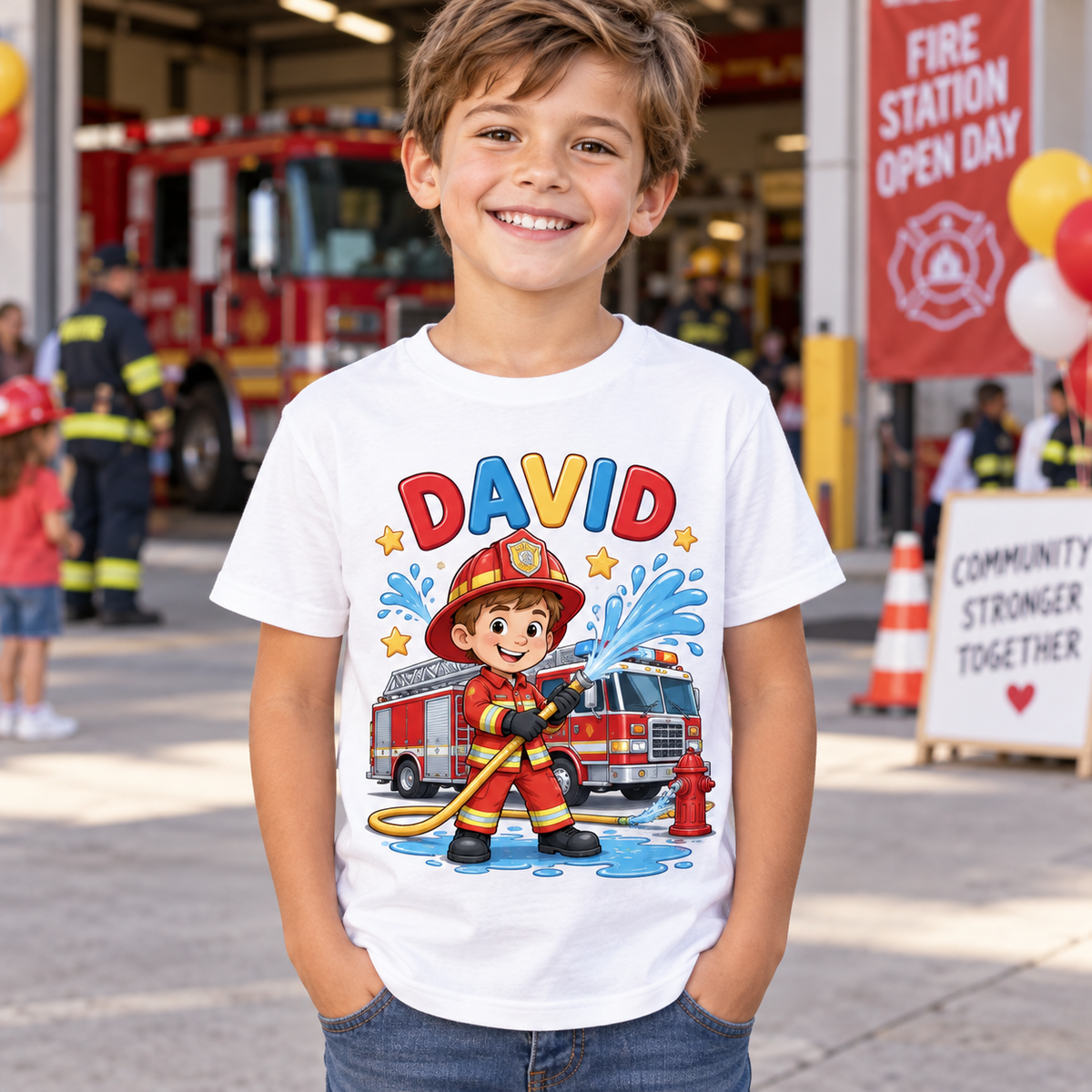 Tricou alb pentru băieți cu pompier și numele David – imagine 3