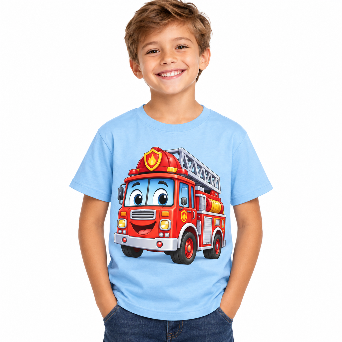 Tricou bleu pentru băieți cu mașină de pompieri – imagine 1