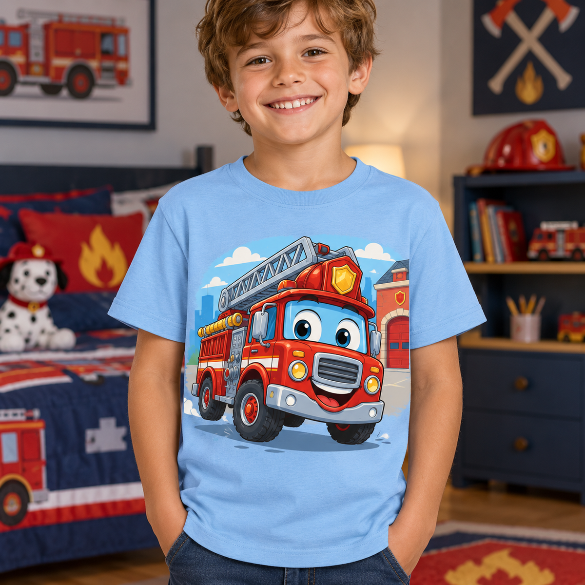 Tricou bleu pentru băieți cu mașină de pompieri – imagine 2
