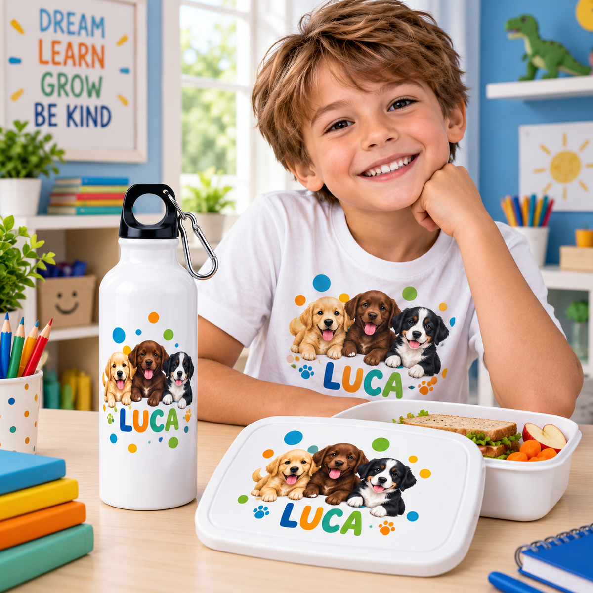 Set școlar personalizat Prietenii Curajoși – Tricou + Cutie sandwich + Bidon – imagine 2