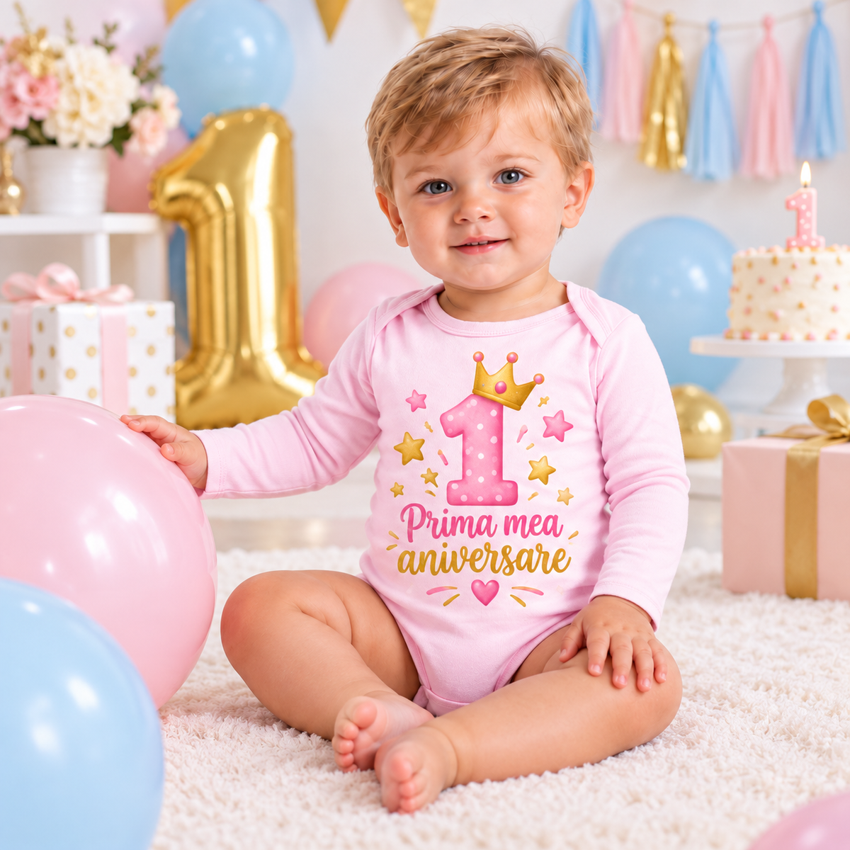 Body sau tricou personalizat pentru bebeluși Prima mea aniversare – imagine ambient