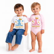 Body și tricou personalizat pentru bebeluși Prima mea aniversare – fundal alb