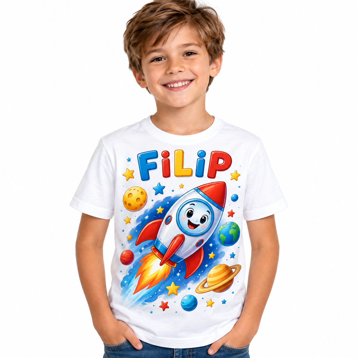 Tricou alb pentru băieți cu rachetă și numele Filip – imagine 1
