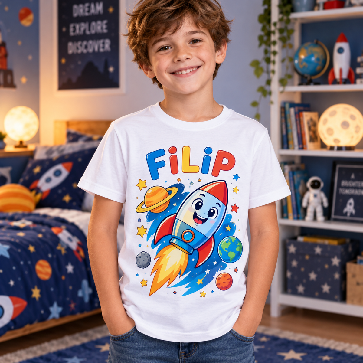 Tricou alb pentru băieți cu rachetă și numele Filip – imagine 2