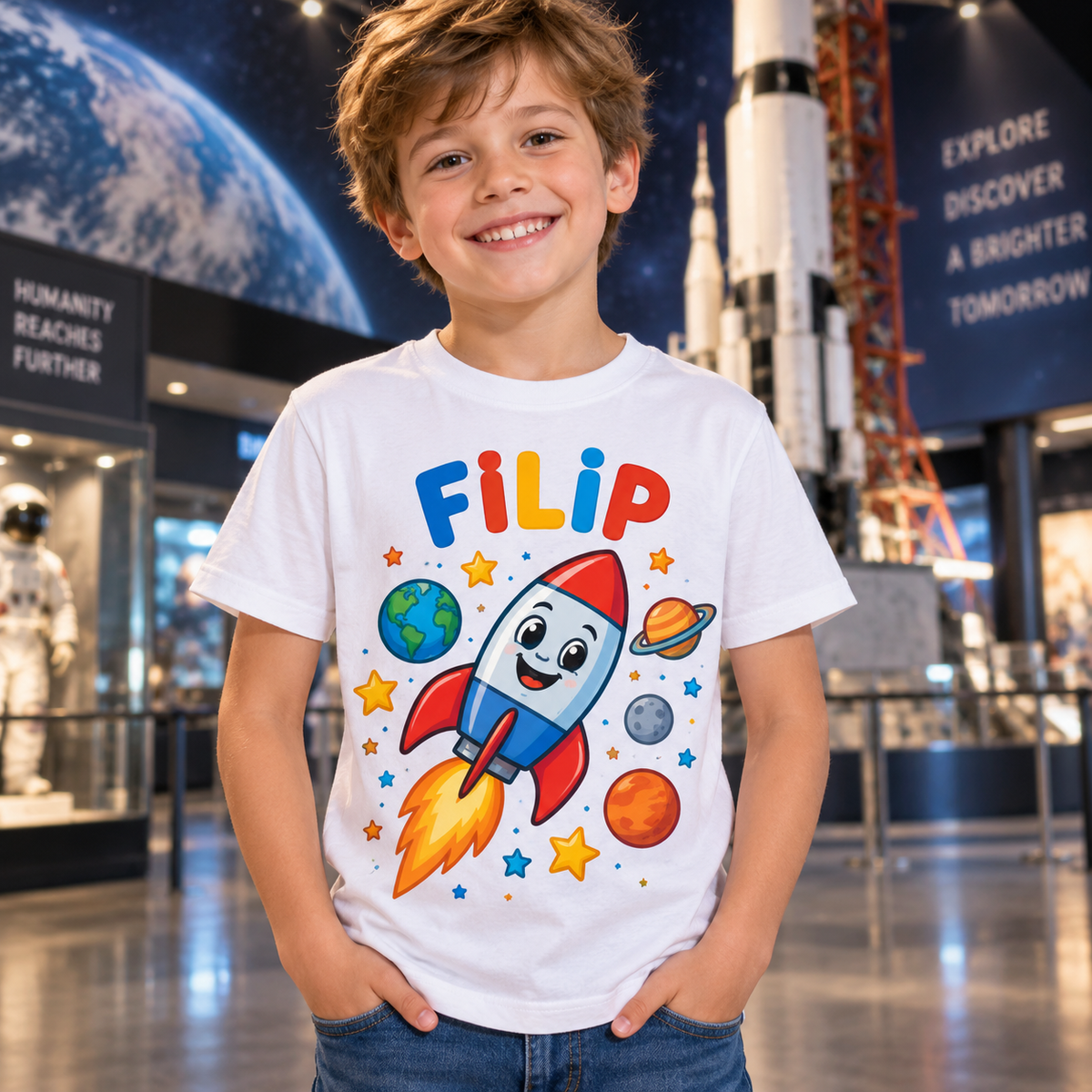 Tricou alb pentru băieți cu rachetă și numele Filip – imagine 3