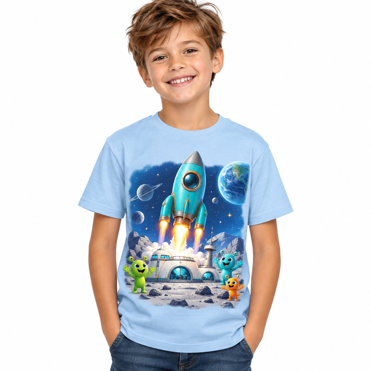 Tricou bleu pentru băieți cu rachetă spațială – imagine 1