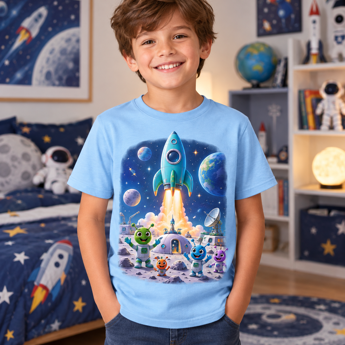 Tricou bleu pentru băieți cu rachetă spațială – imagine 2