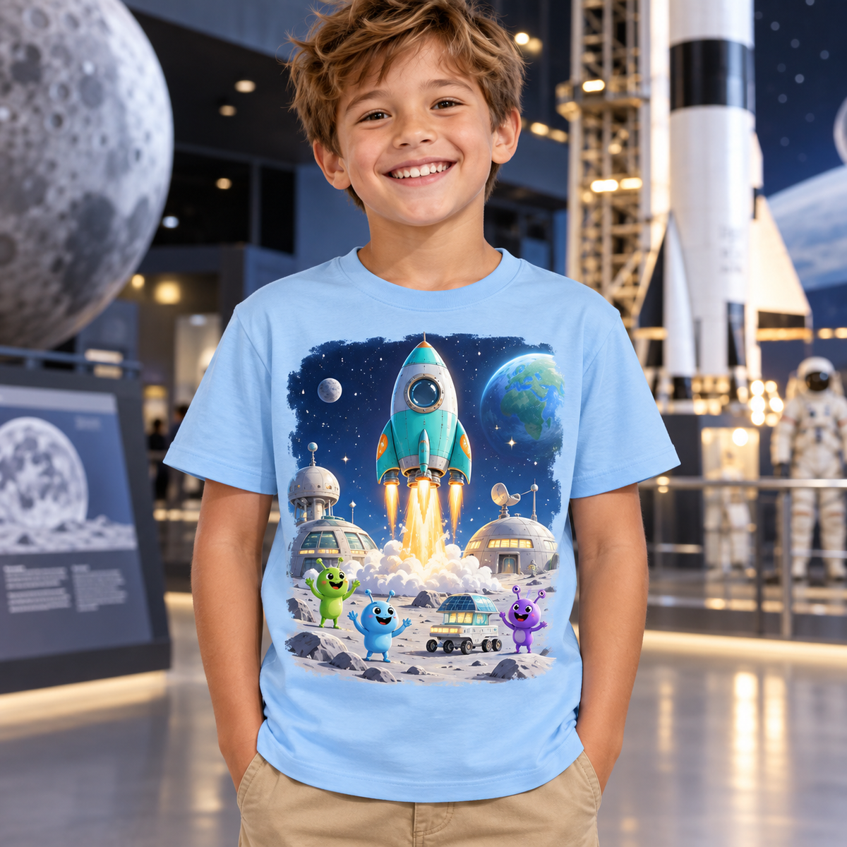 Tricou bleu pentru băieți cu rachetă spațială – imagine 3