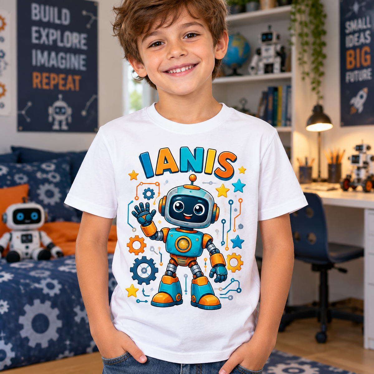 Tricou alb pentru băieți cu robot și numele Ianis – imagine 2