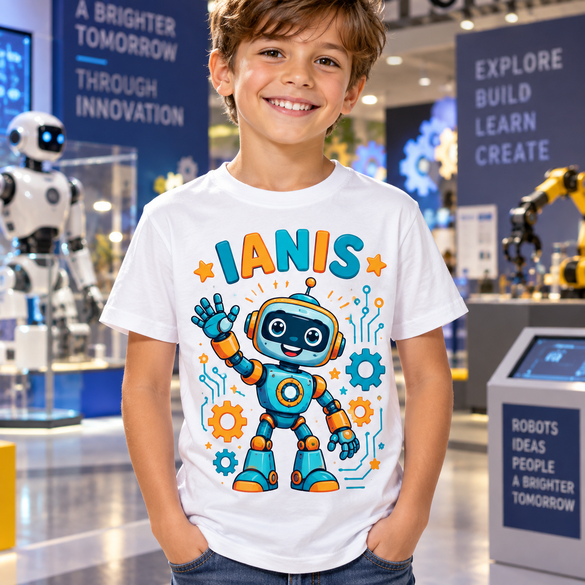Tricou alb pentru băieți cu robot și numele Ianis – imagine 3