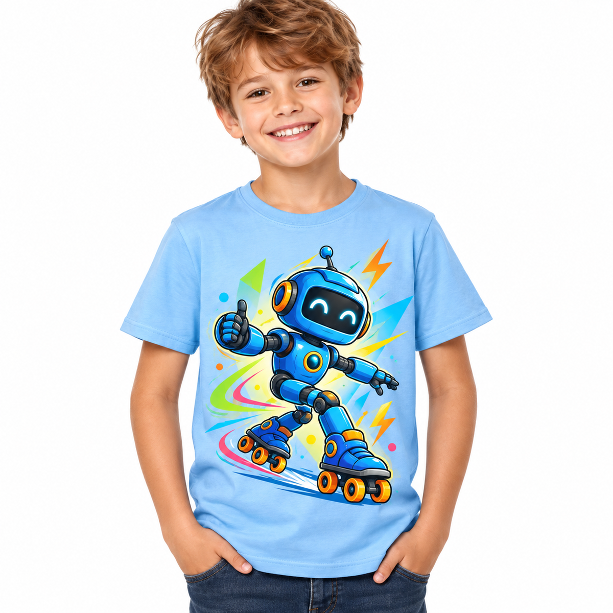 Tricou bleu pentru băieți cu robot pe role – imagine 1