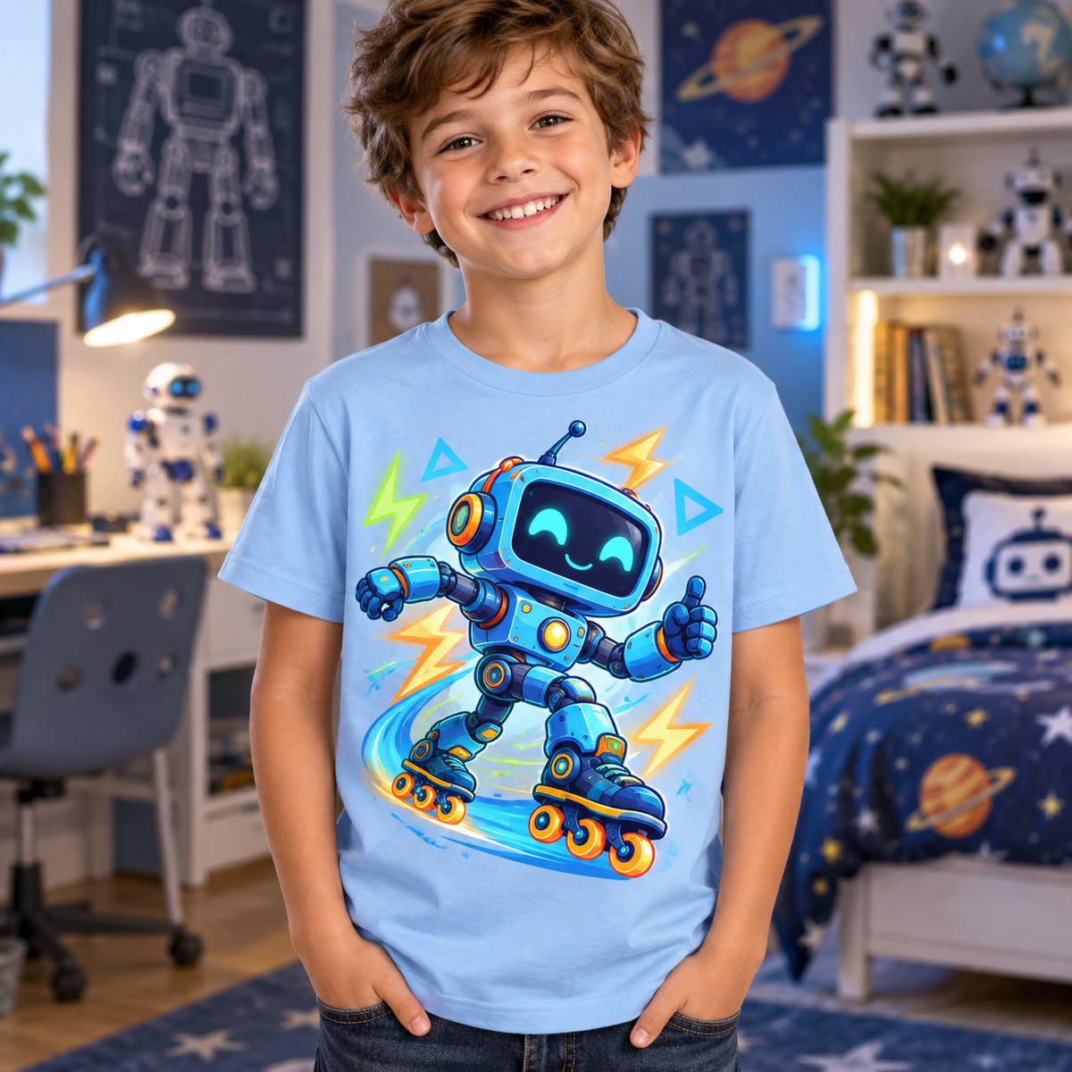 Tricou bleu pentru băieți cu robot pe role – imagine 2