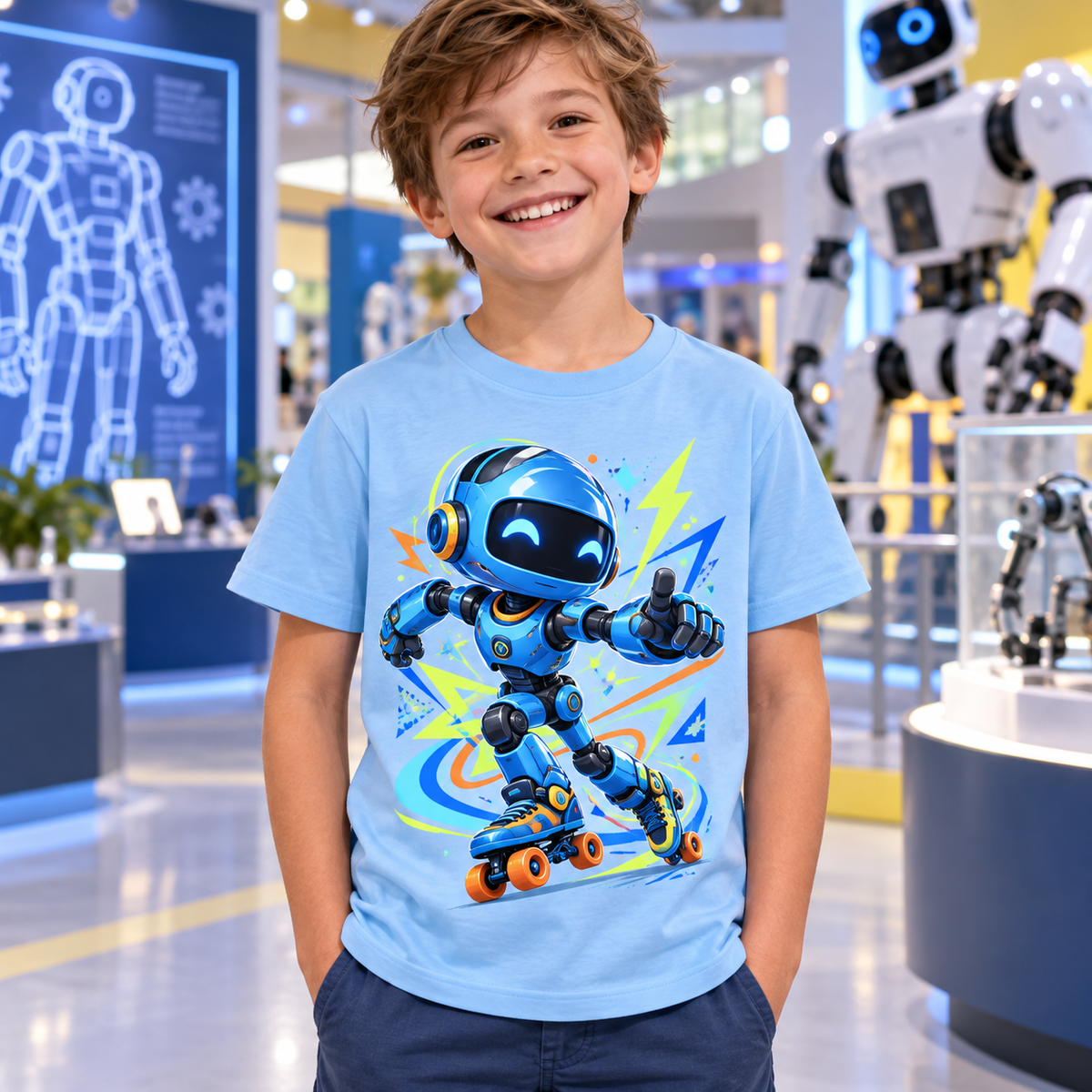 Tricou bleu pentru băieți cu robot pe role – imagine 3