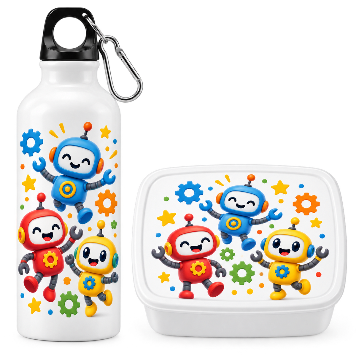 Set pentru gustare – Cutie sandwich + Sticluță de apă, Roboții Veseli – imagine 1