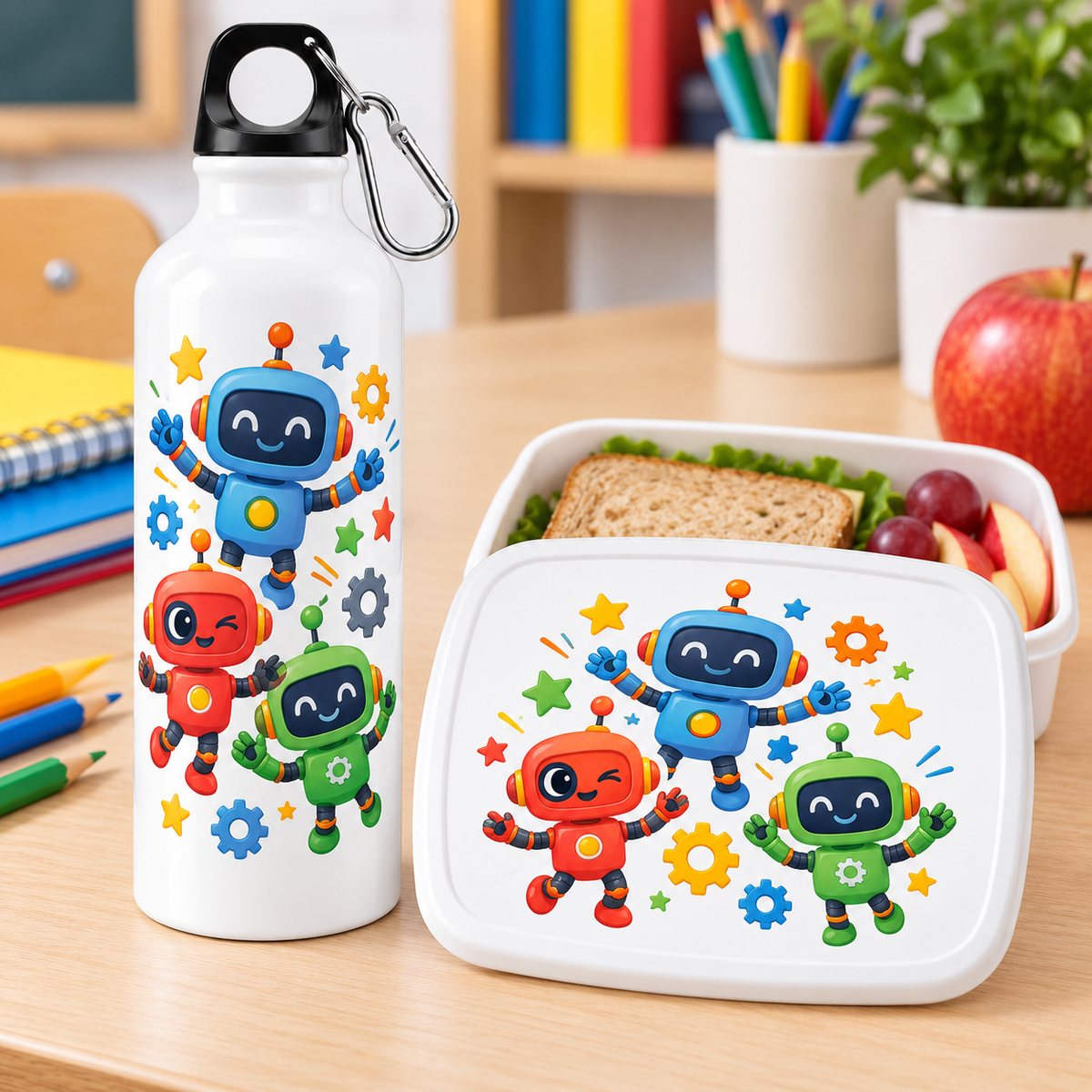 Set pentru gustare – Cutie sandwich + Sticluță de apă, Roboții Veseli – imagine 2