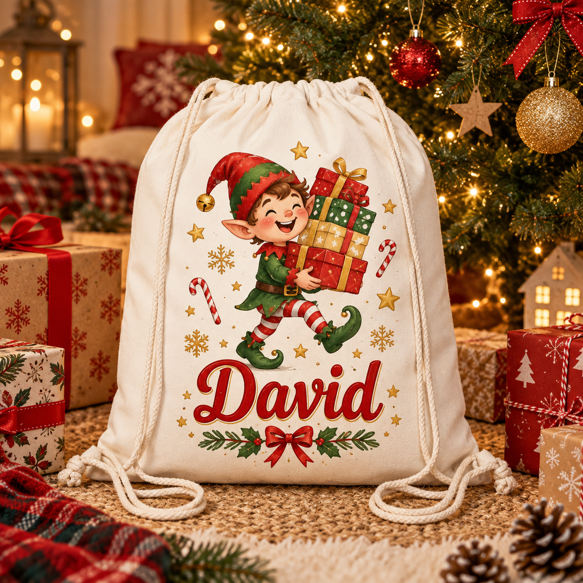 Săculeț personalizat de Crăciun Spiriduș – David – fotografie ambientala