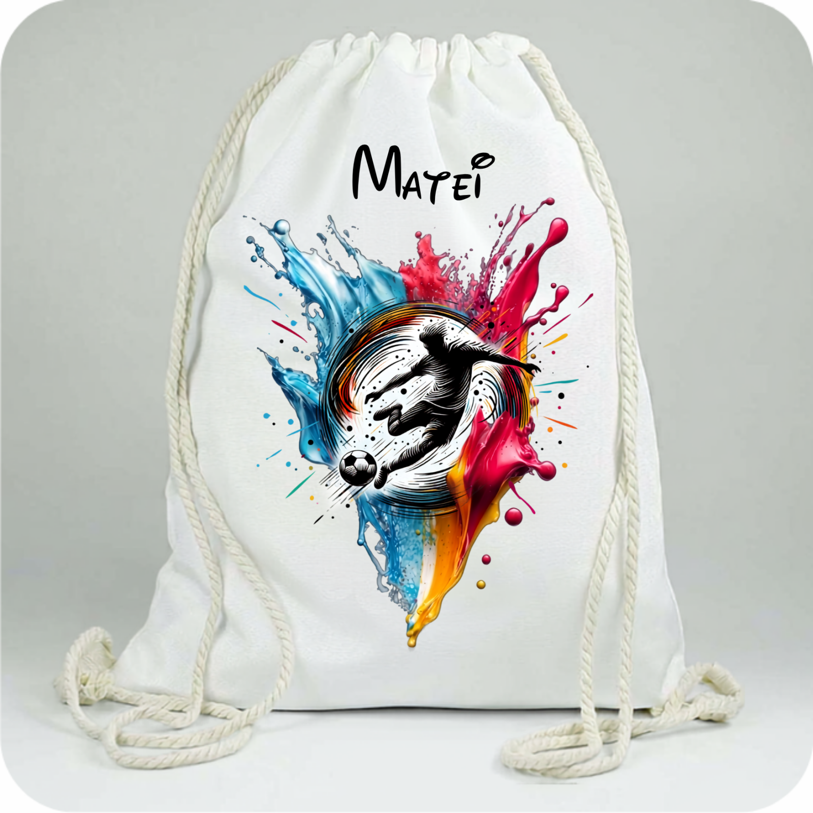 Saculet personalizat cu nume şi personaj Fotbal–pentru grădiniță, școală sau aniversare