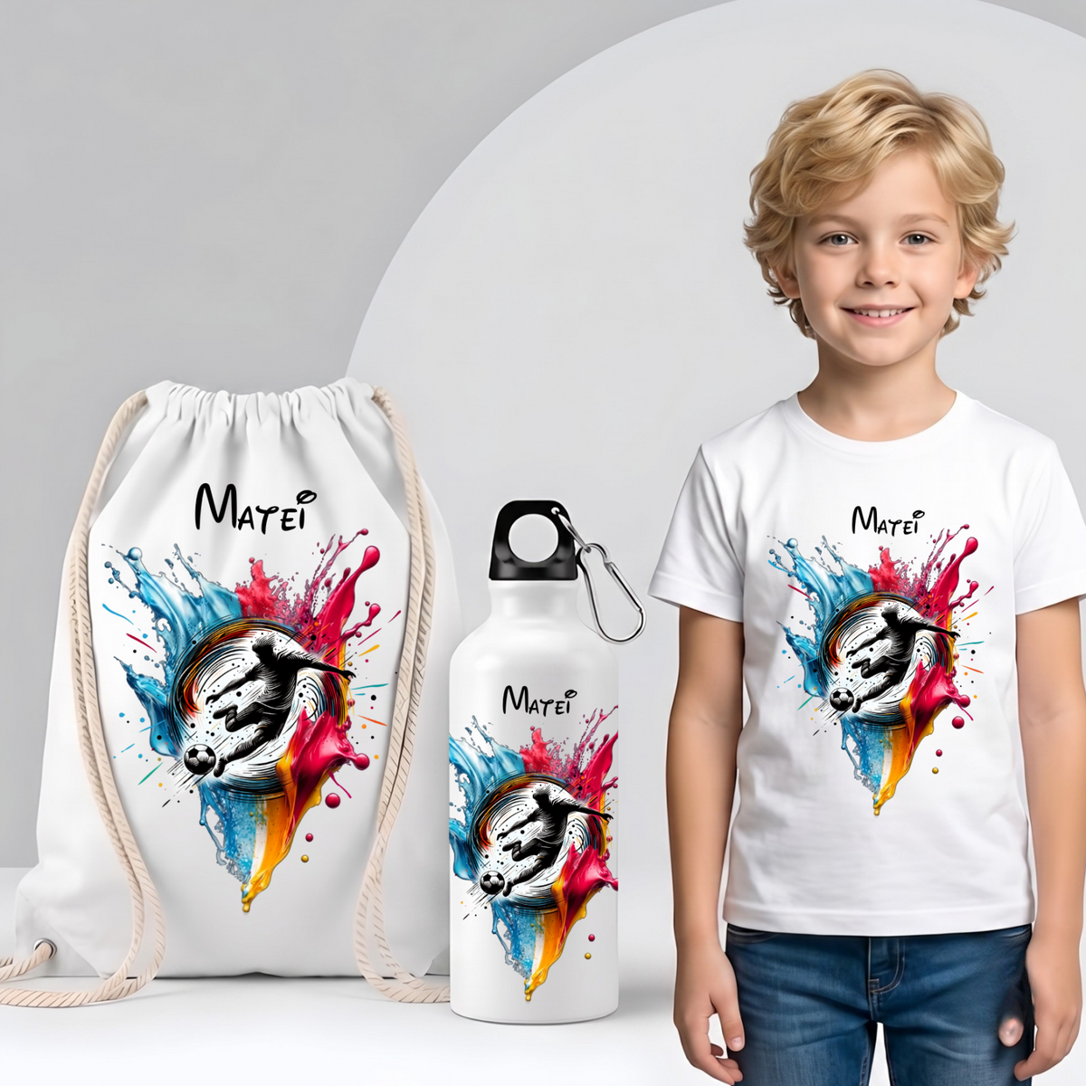 Saculet personalizat cu nume şi personaj Fotbal–pentru grădiniță, școală sau aniversare