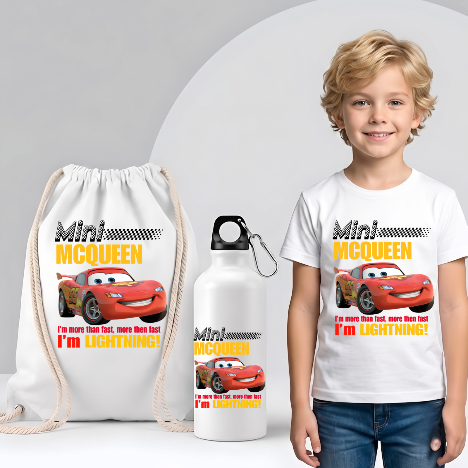 Saculet personalizat cu nume şi personaj McQueen–pentru grădiniță, școală sau aniversare