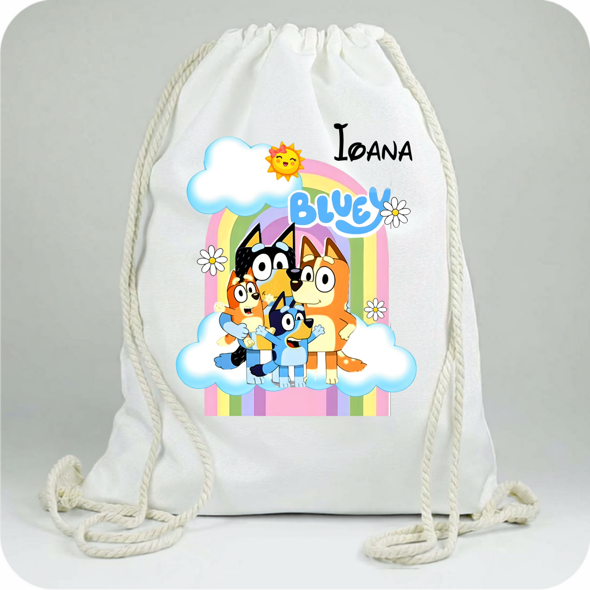 Saculet personalizat cu nume şi personaj Bluey–pentru grădiniță, școală sau aniversare