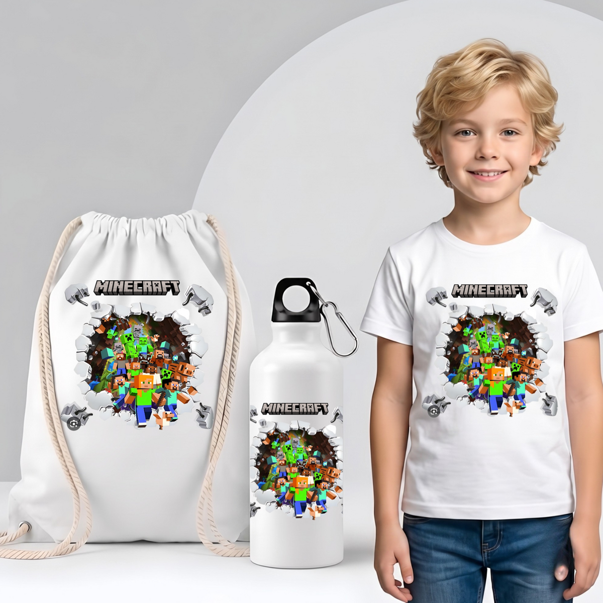Saculet personalizat cu nume şi personaj Minecraft pentru grădiniță sau școală