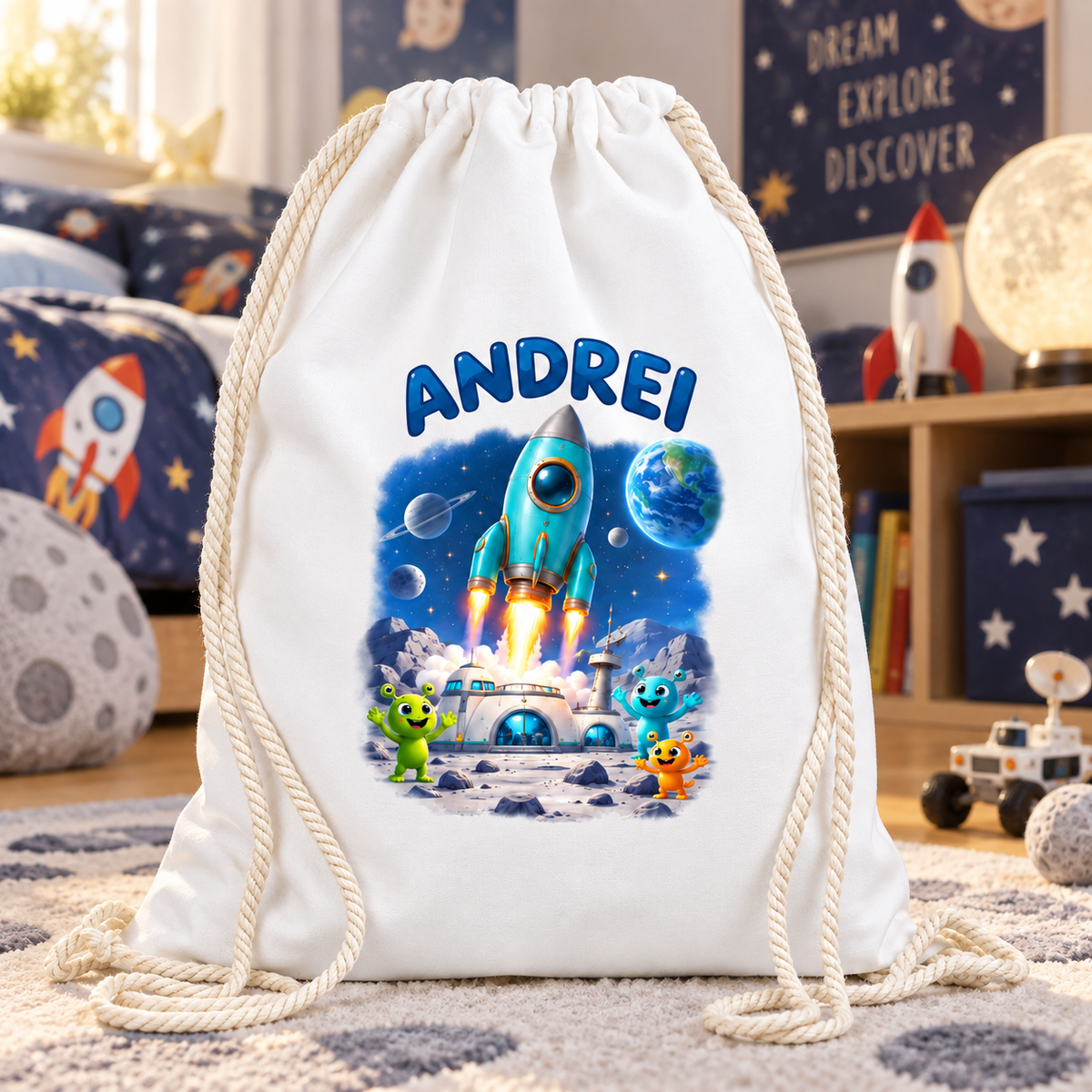 Saculet personalizat racheta andrei - imagine ambient