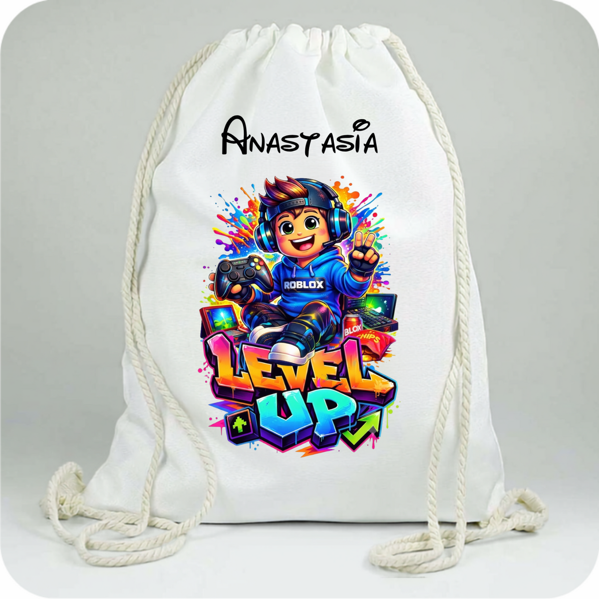 Săculeți Personalizați cu  Gamin Level UP pentru Școală și Grădiniță | Cu Nume Copil | e-Cadou