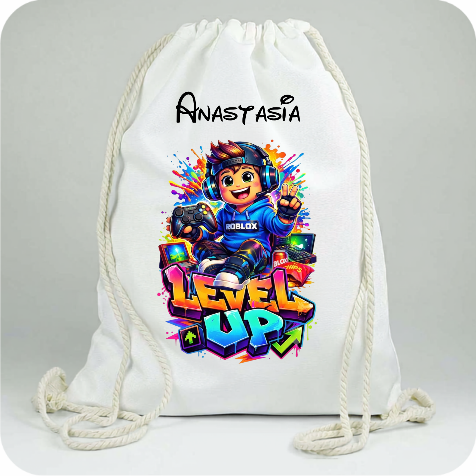 Săculeți Personalizați cu  Gamin Level UP pentru Școală și Grădiniță | Cu Nume Copil | e-Cadou