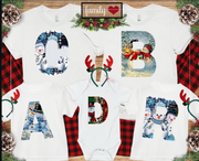 Set de tricouri personalizate Family mama, tata  si copii cu tematica de Craciun, Litere Initiala numelui