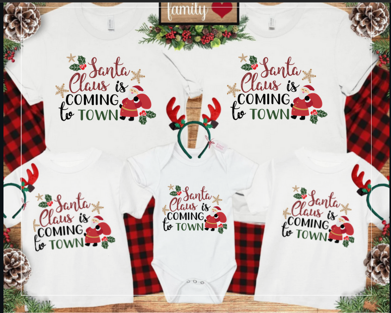 Set de tricouri personalizate Family mama, tata  si copii cu tematica de Craciun, Santa Claus is in town