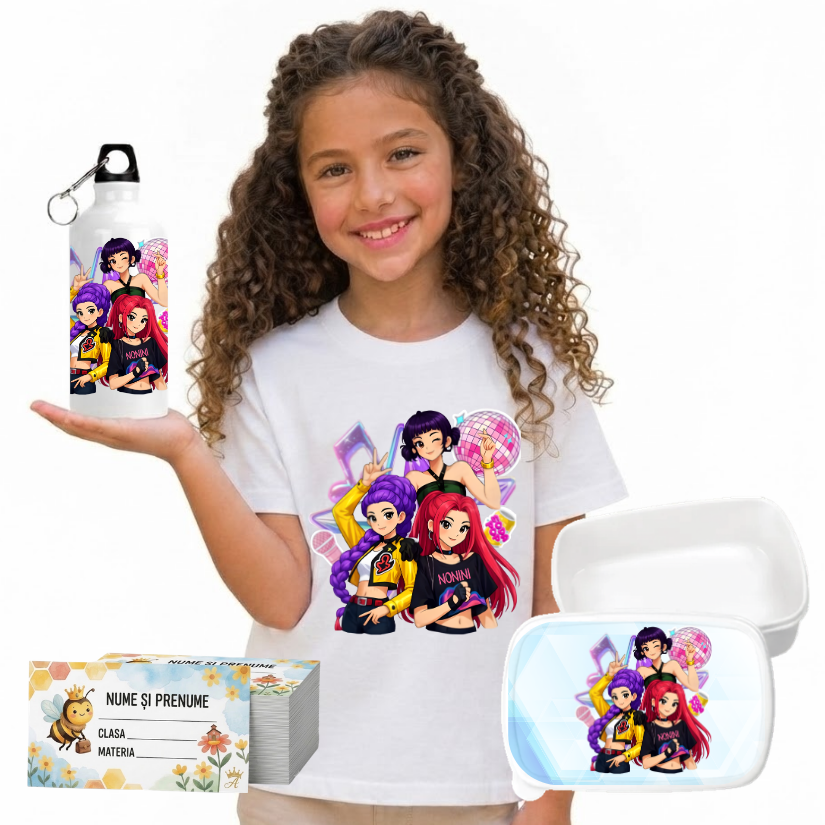Set Promo Back to School huntrix– Tricou + Cutie + Bidon Personalizat pentru copilul tău