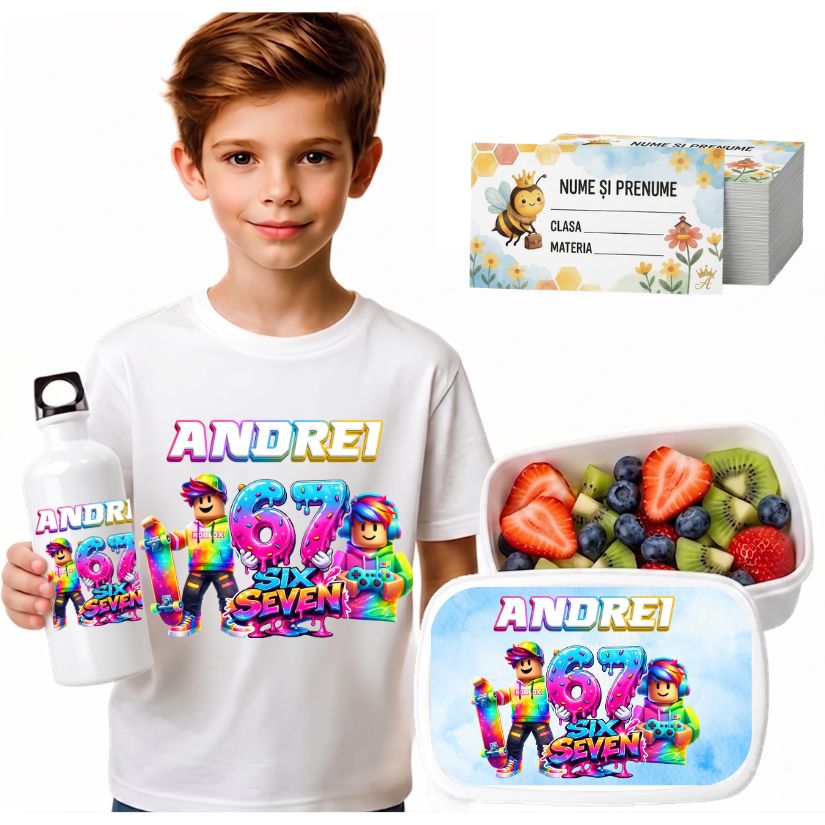 Set Promo Back to School 67 Six Seven– Tricou + Cutie + Bidon Personalizat pentru copilul tău