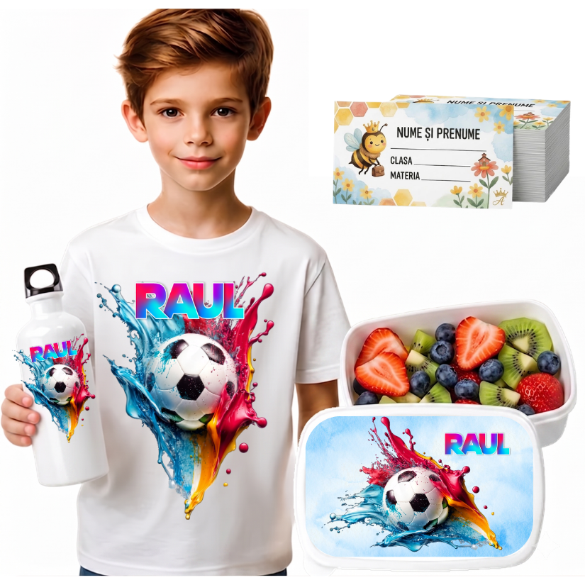 Set Promo Back to School Fotbal– Tricou + Cutie + Bidon Personalizat pentru copilul tău