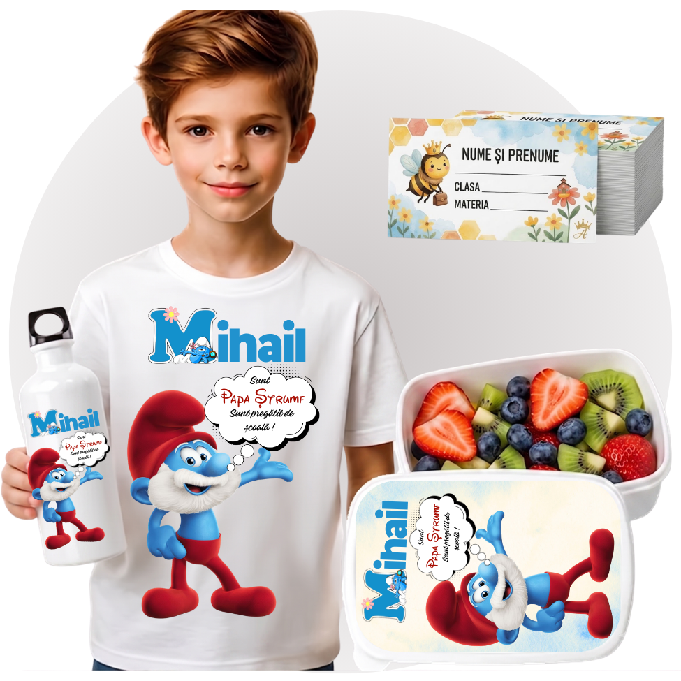 Set Promo Back to School Papa Strumf Tricou + Cutie + Bidon Personalizat pentru copilul tău