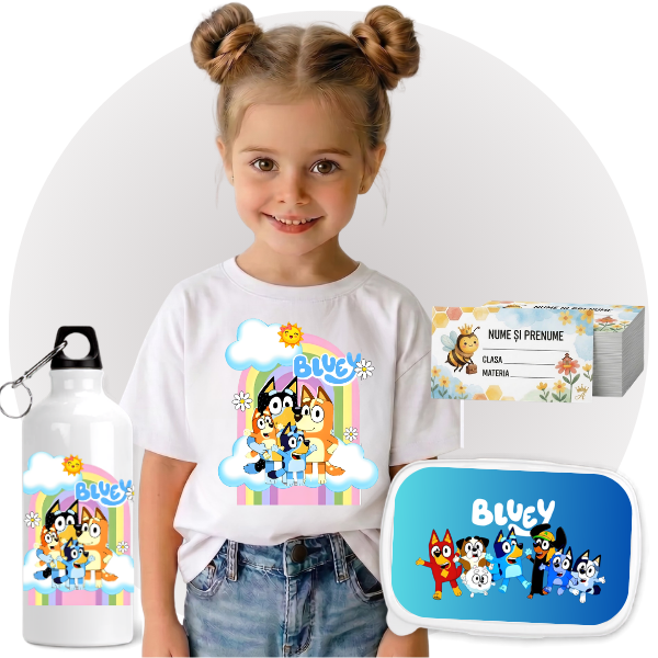 Set Promo Back to School  Bluey Tricou + Cutie + Bidon Personalizat pentru copilul tău