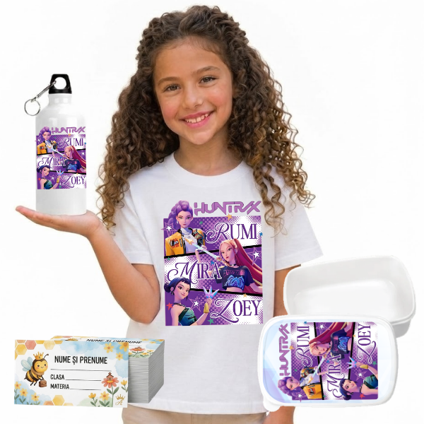 Set Promo Back to School cu nume - KPop Demon Hunters - Purple Tricou + Cutie + Bidon Personalizat pentru copilul tău
