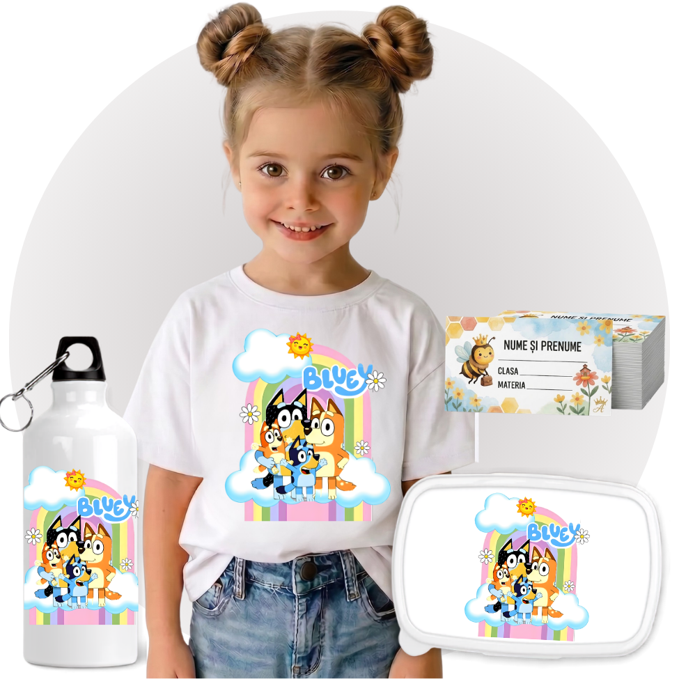 Set Promo Back to School  Bluey Tricou + Cutie + Bidon Personalizat pentru copilul tău