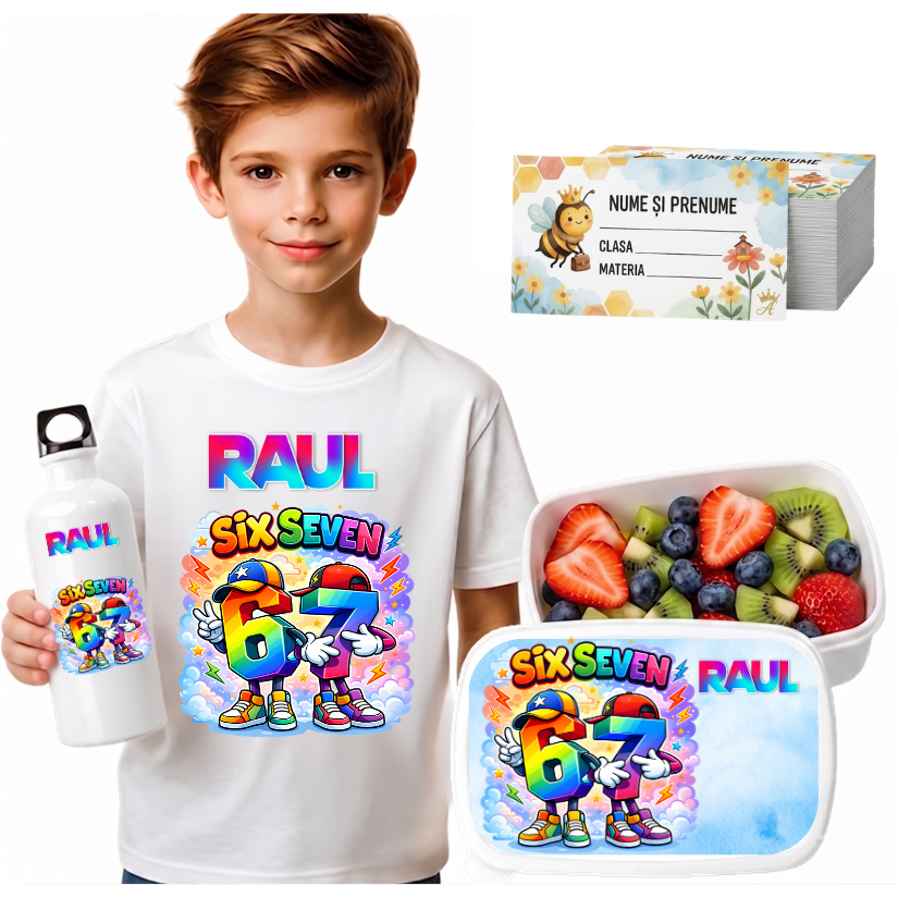 Set Promo Back to School 67 Six Seven– Tricou + Cutie + Bidon Personalizat pentru copilul tău