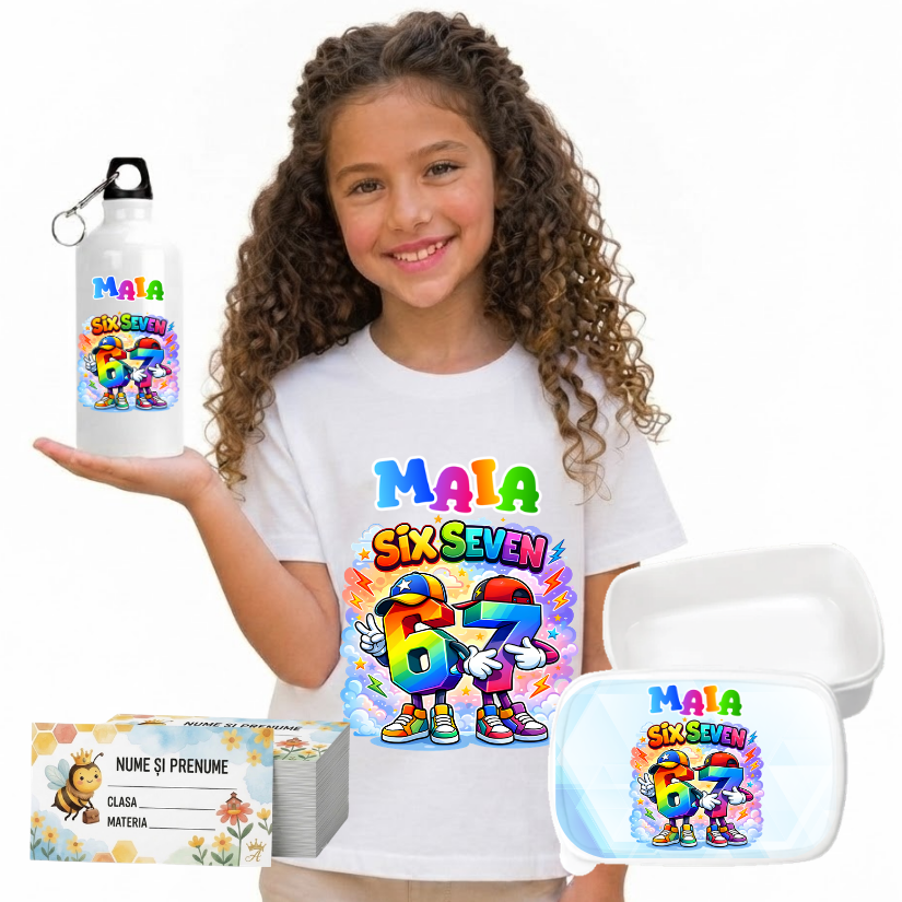 Set Promo Back to School 67 Six Seven– Tricou + Cutie + Bidon Personalizat pentru copilul tău